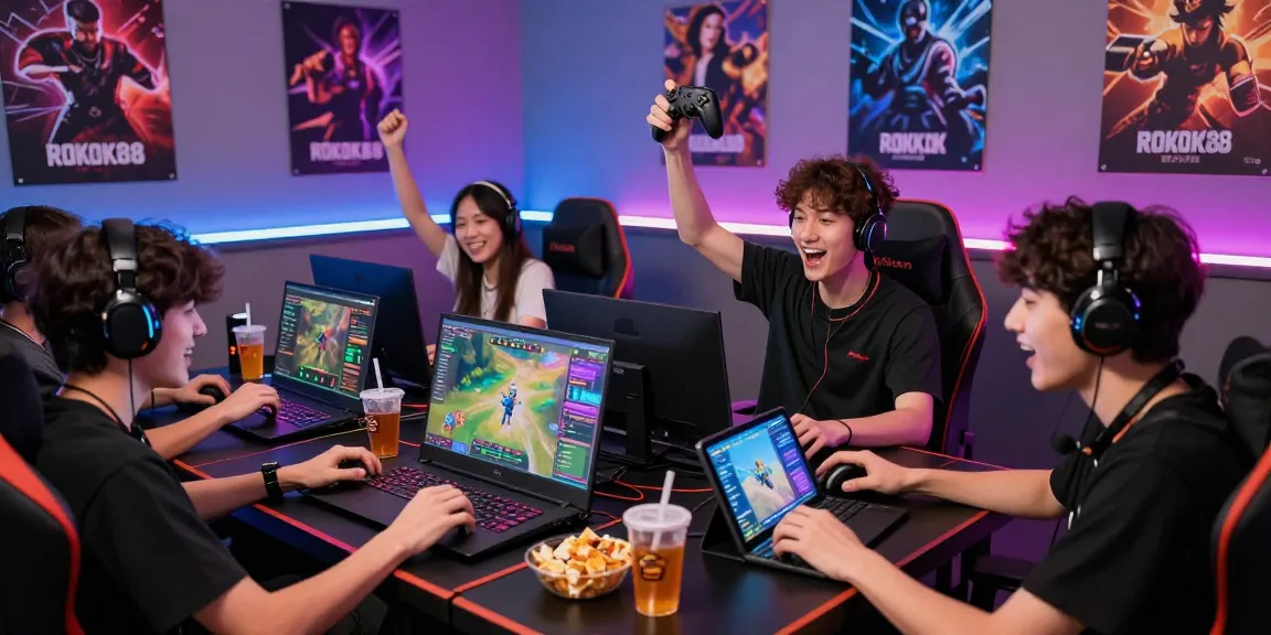 Exciting ROKOK88 online gaming moment featuring players engaged with vibrant graphics and cheering.
