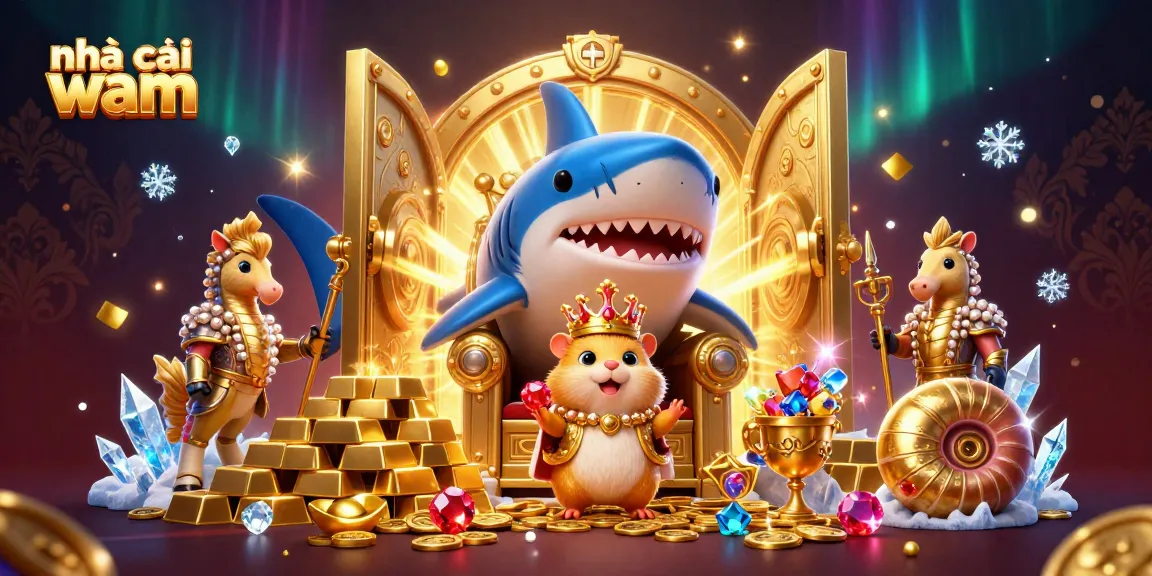 Experience the thrill at nhà cái vmax with a golden hamster king on a megalodon throne.
