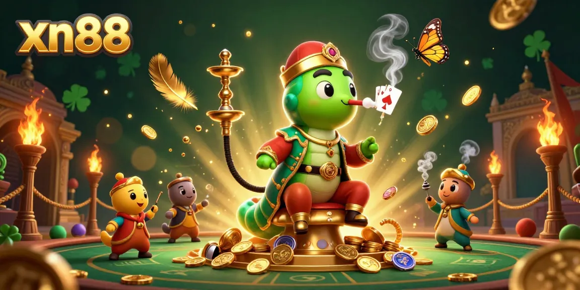 Engage in thrilling games at xn88, featuring a vibrant scene with a hookah-master, golden coins, and casino elements.