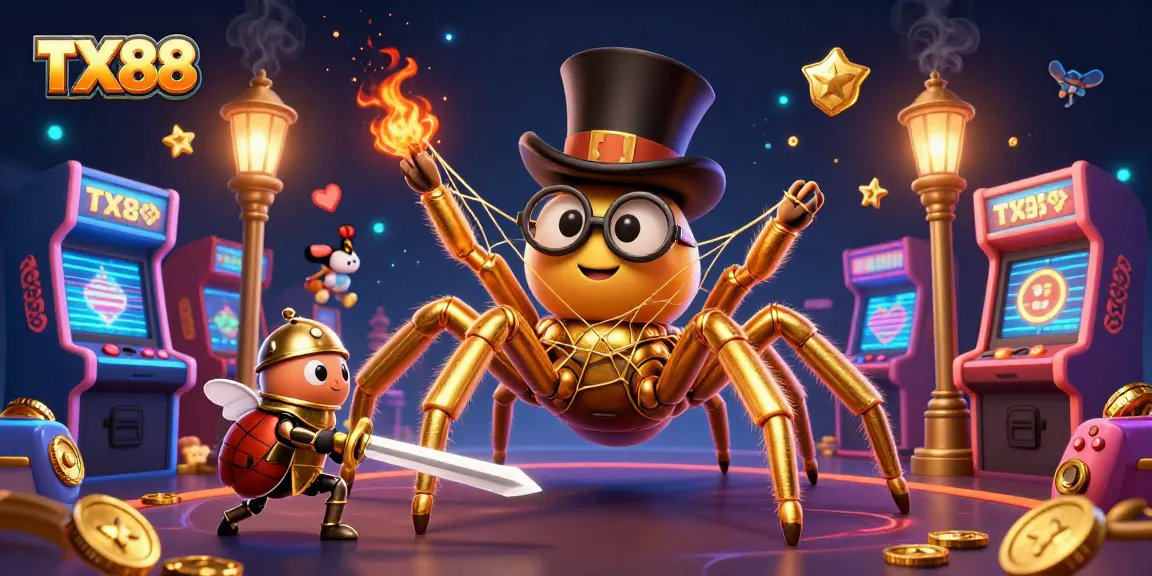 Join TX88 in an exciting casino scene with a giant golden tarantula and beetle knight amid vibrant gaming elements.
