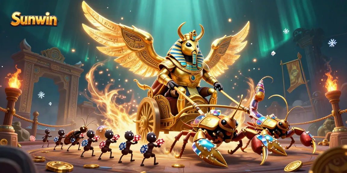 Sunwin engaging players with vibrant casino illustrated scene featuring a colossal golden scarab beetle.