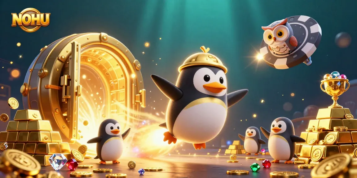 Experience thrilling gameplay at NOHU as a golden penguin navigates a vibrant casino cosmos.