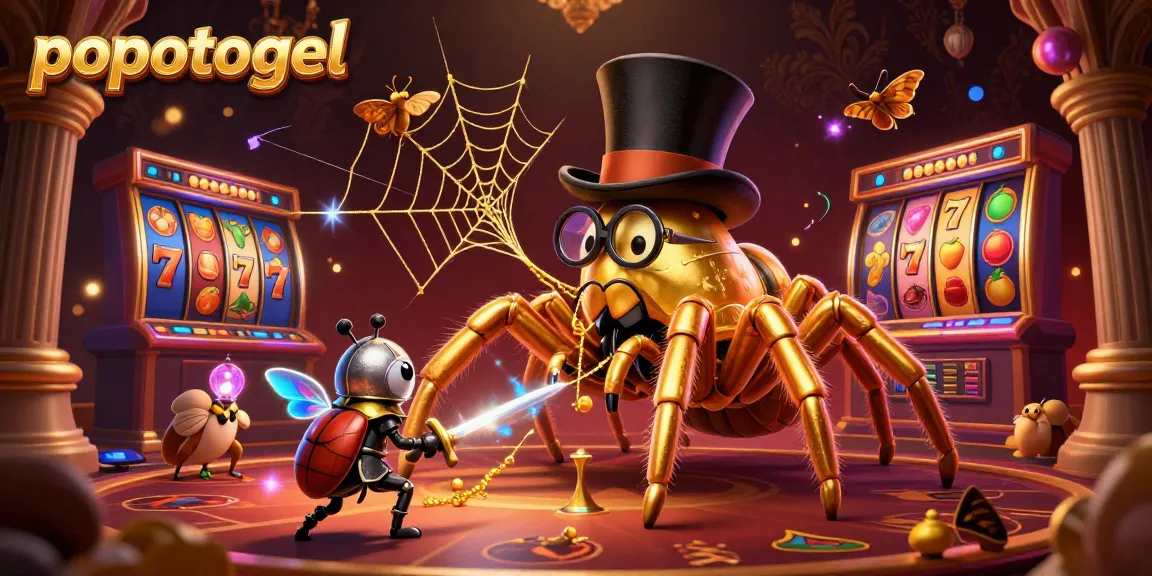 Experience the thrill of popotogel with a dynamic 3D illustration featuring a golden tarantula weaving a web around slot reels.