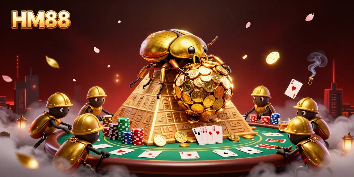 Engage in thrilling gameplay at HM88 with golden coins and poker elements in a vibrant casino scene.
