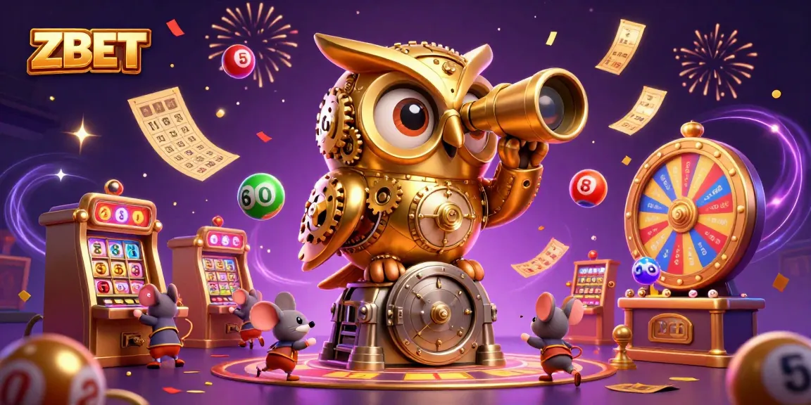 ZBET showcases a vibrant casino scene with a golden owl and lively game elements.