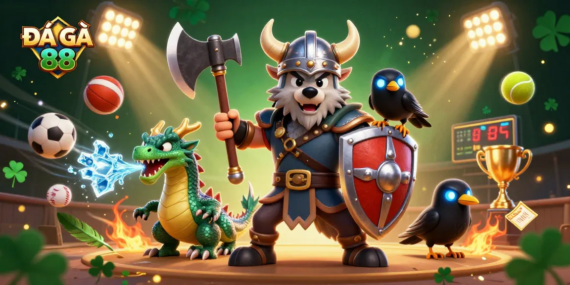 Watch ĐÁ GÀ 88 live with a fierce Viking wolf warrior and dragon in action, surrounded by exciting betting elements.