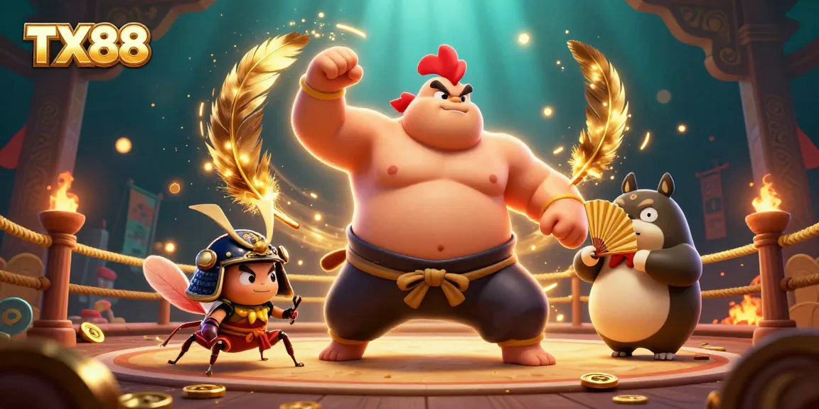 Engage with TX88's thrilling adventures featuring a powerful sumo rooster, samurai cricket, and jubilant tanuki in an action-packed arena.