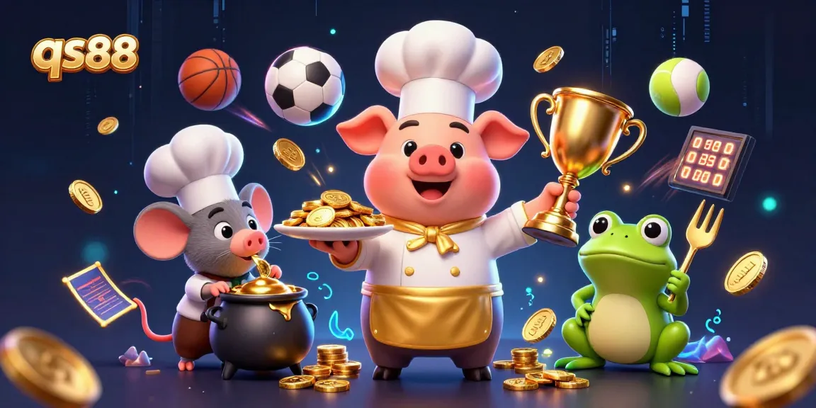 Experience qs88's vibrant casino atmosphere with a fun 3D illustration featuring chef characters and sports elements.