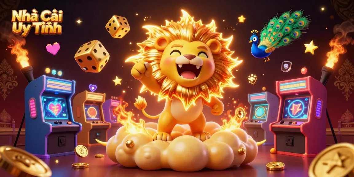 Engage with Nhà Cái Uy Tín in this vibrant 3D illustration showcasing dynamic casino elements and a roaring lion.