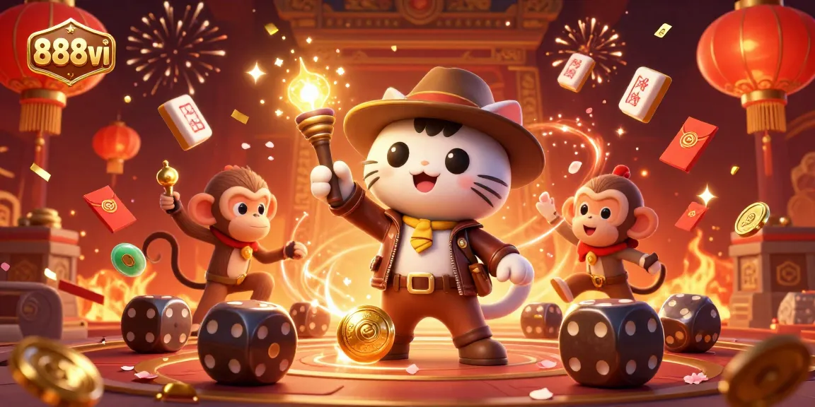 Explore vibrant casino-themed adventure with 888vi, featuring an archaeologist cat and monkey in a dynamic scene.