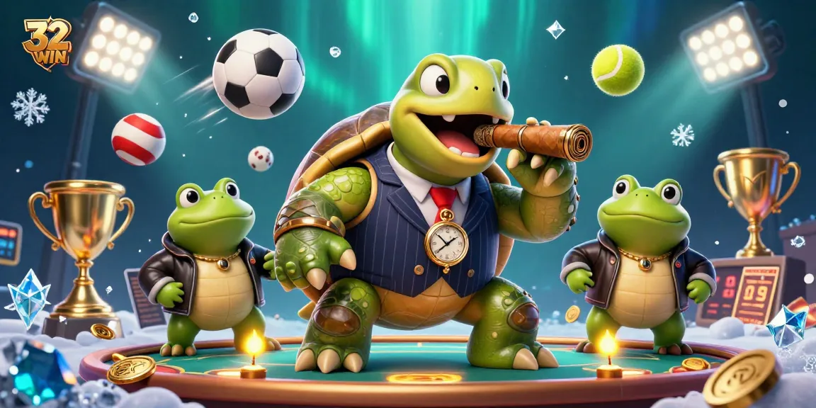 Experience the thrill of 32WIN with a lively casino scene featuring a mobster turtle and sports elements.