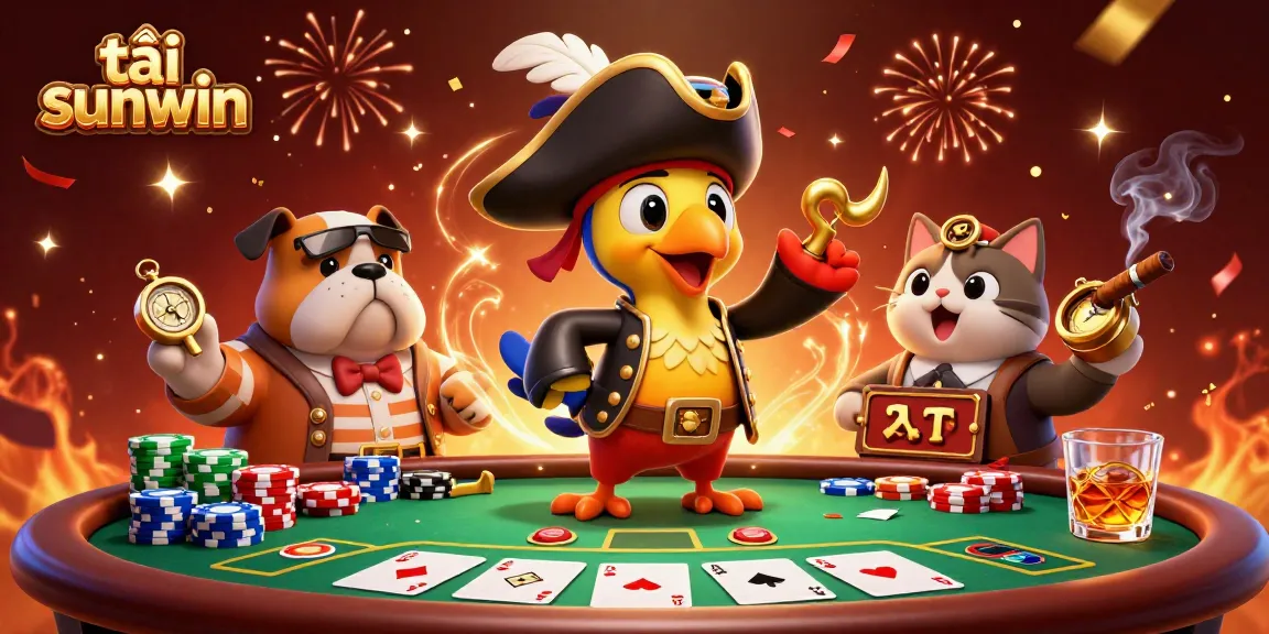 Experience thrilling moments while tải sunwin through this vibrant casino illustration featuring pirates, poker, and festive elements.