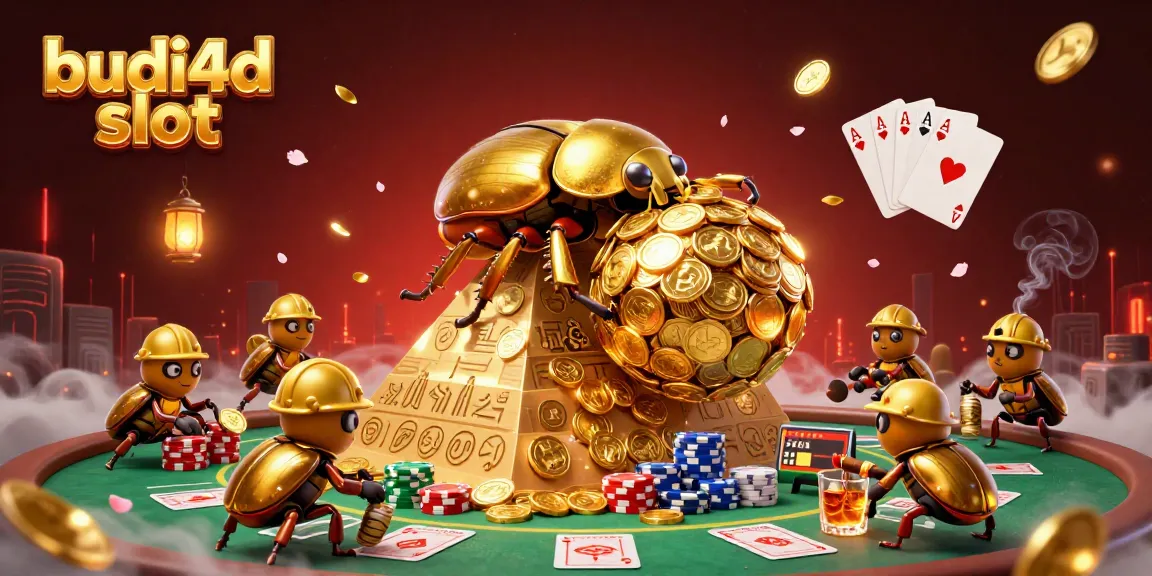 Engage with budi4d slot in a vibrant 3D casino scene featuring golden beetles and poker elements.