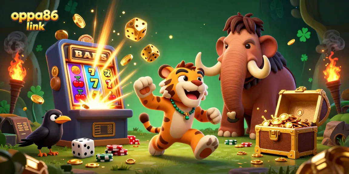 Engage with the oppa86 link in a vibrant casino scene featuring a caveman and sabertooth duo!