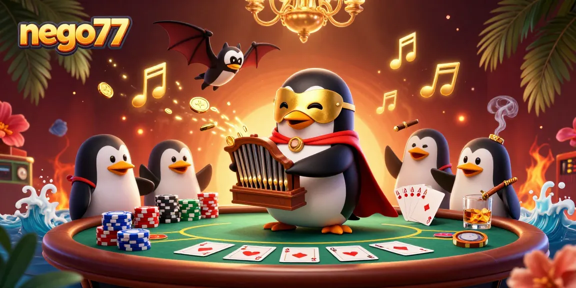 Engage with nego77 as a penguin plays an organ surrounded by vibrant poker elements, celebrating casino allure.