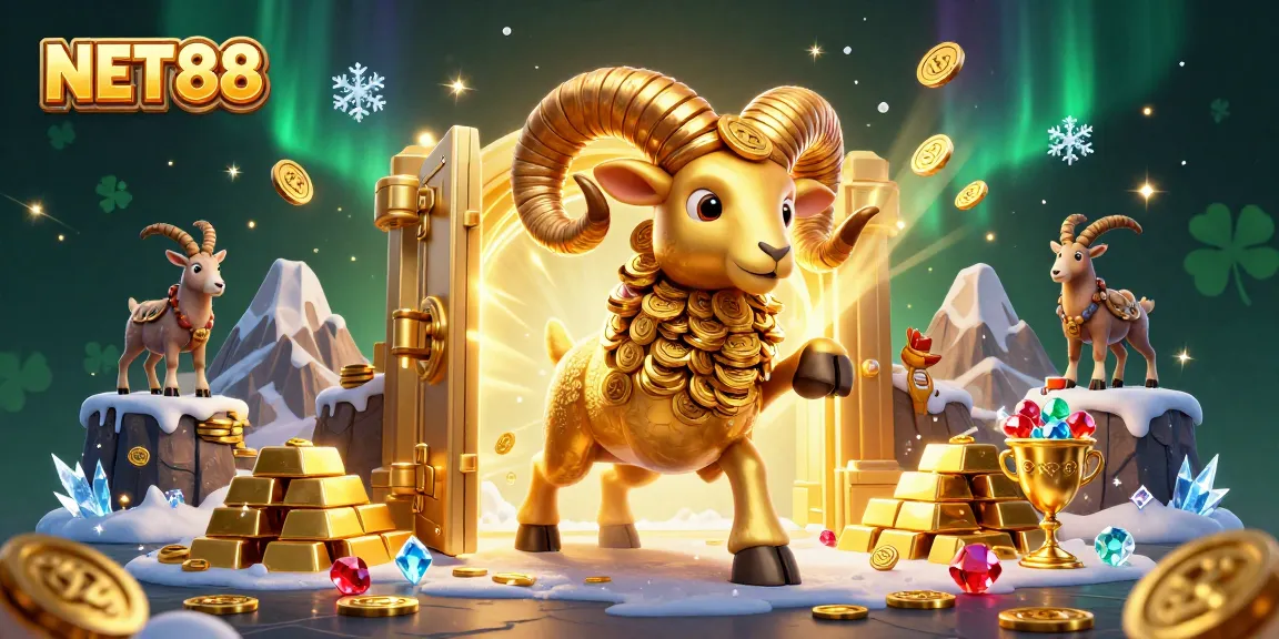 Engage with NET88's dynamic casino scene featuring a golden ram and treasure elements.