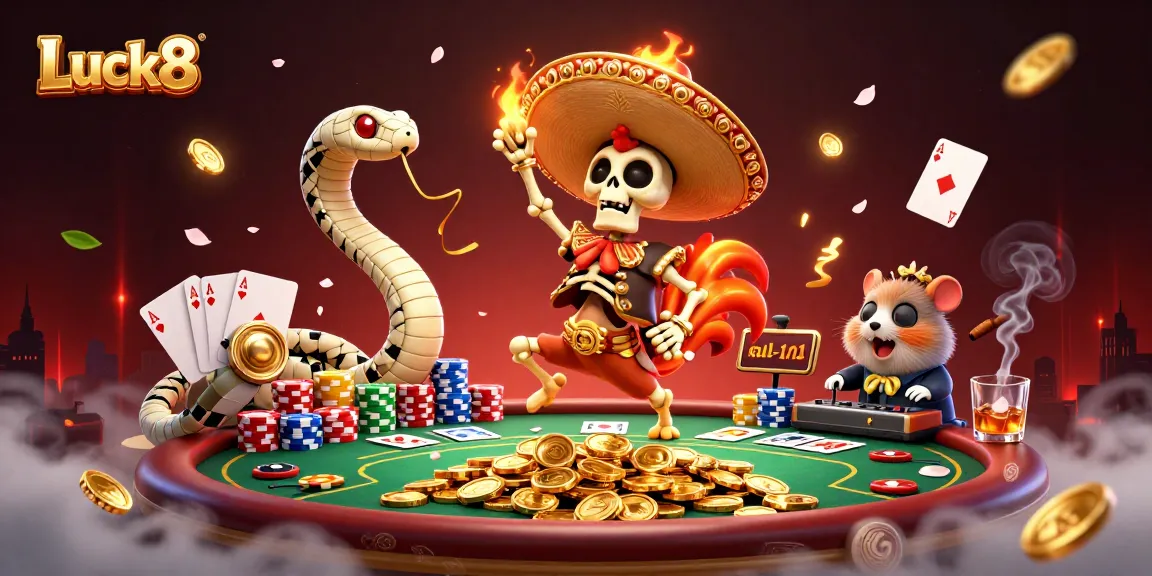 Experience Luck8 with vibrant elements, including animated characters celebrating on poker gold.