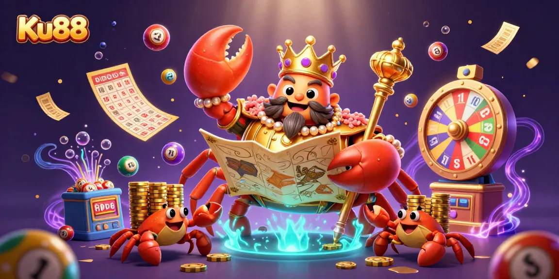 Ku88 showcases a vibrant 3D crab emperor amidst colorful lottery action and gold chips.