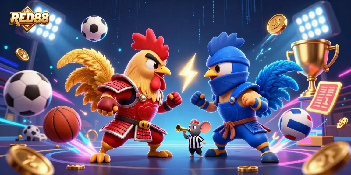 Experience the thrill of RED88 as roosters clash in an epic showdown, surrounded by dynamic sports elements.