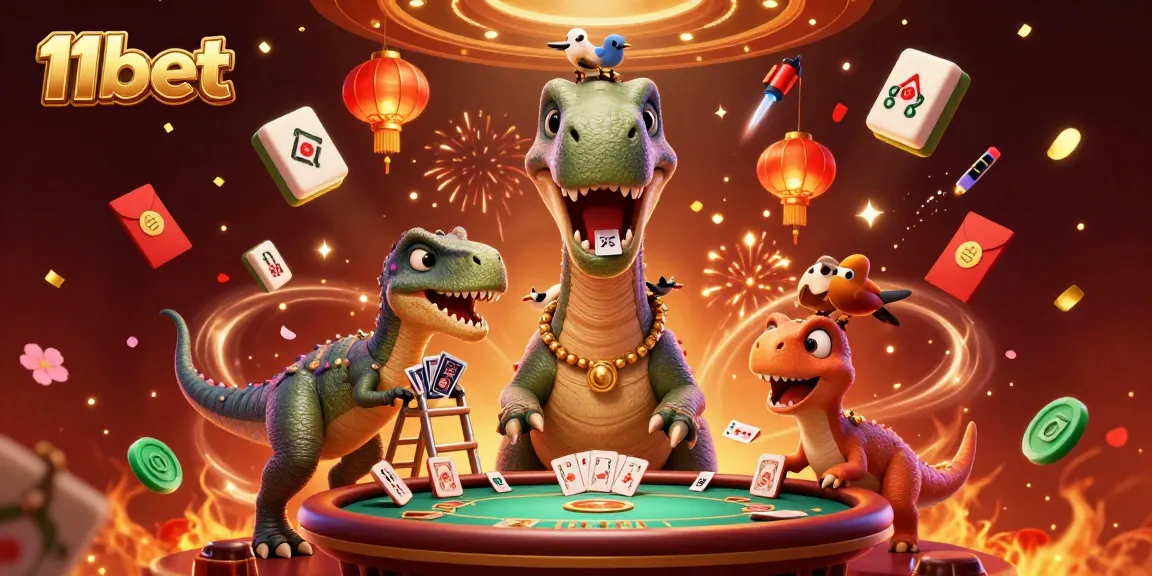 Engage with 11bet at a lively casino scene featuring a dinosaur dealer and exciting game elements.