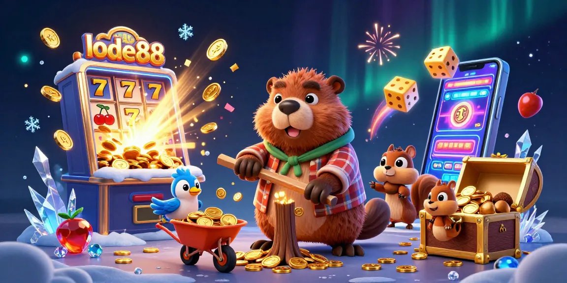 Experience lode88's thrilling jackpot rush with dynamic characters and casino elements in a vibrant scene.