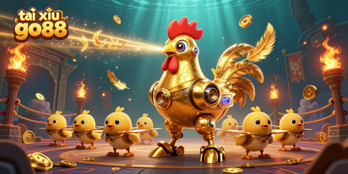 Win big with tài xỉu go88 in this dynamic scene featuring a golden rooster robot.