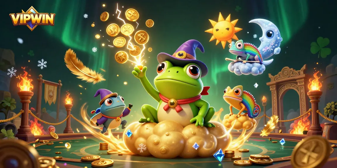 Experience VIPWIN with a magical storm of golden coins and vibrant characters in a lively casino setting.