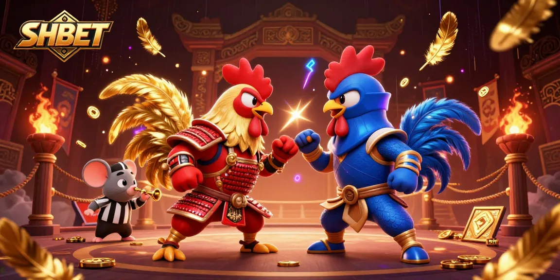SHBET features dynamic fighting roosters in an exciting standoff at a dramatic gambling arena.
