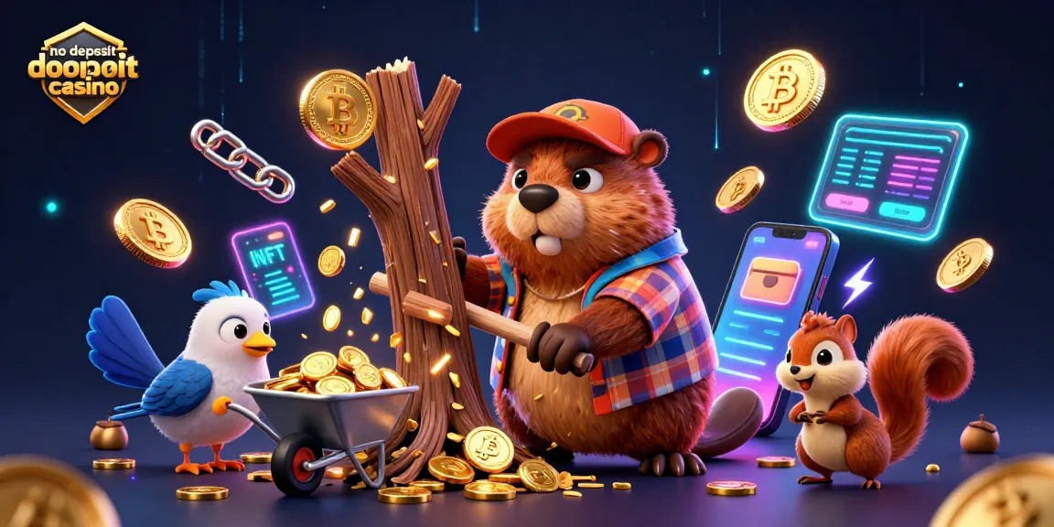 No deposit bonus casino scene with cartoon characters collecting gold coins, showcasing vibrant casino elements.