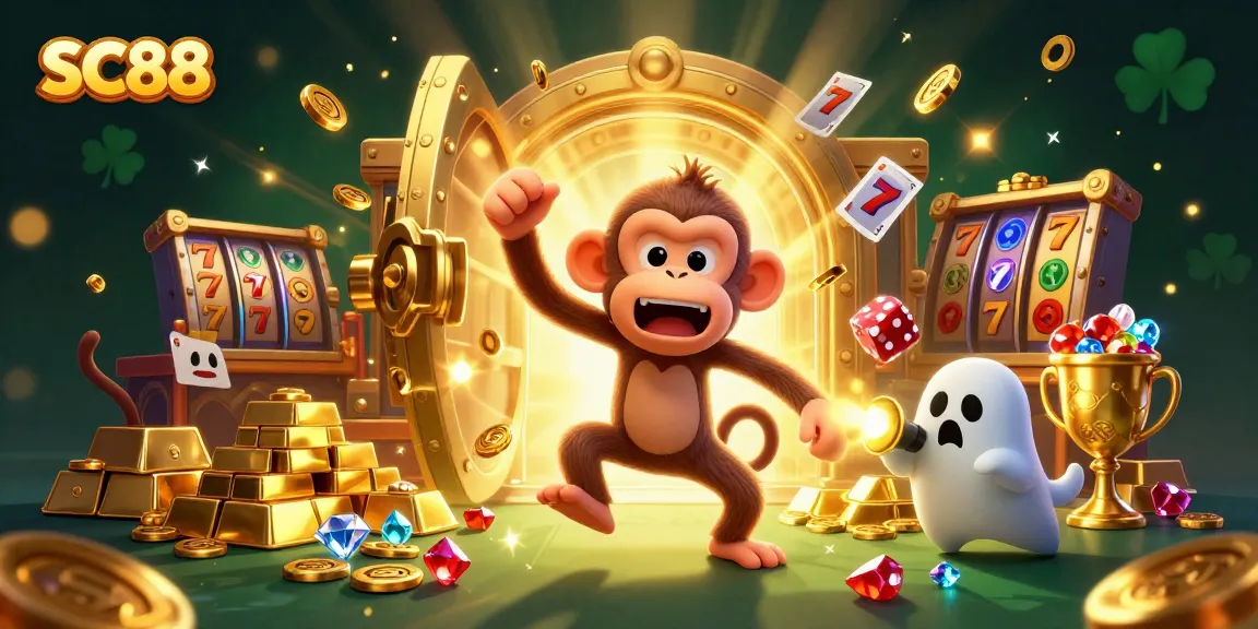 Experience the SC88 excitement with a playful poltergeist monkey juggling casino treasures in a haunted atmosphere.