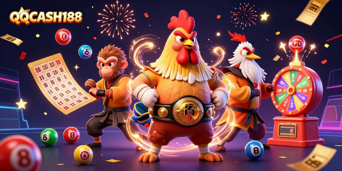 Engage with QQCASH188's exciting gaming with dynamic scenes of lottery and casino action.