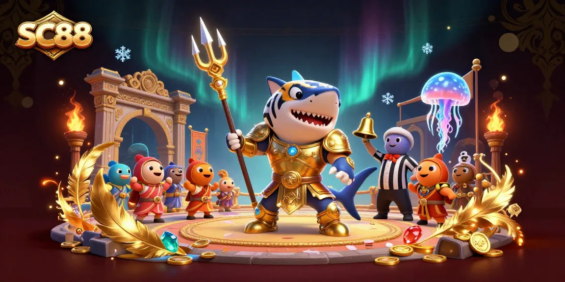 Engage with SC88's unique underwater casino experience featuring a fierce golden gladiator tiger shark.