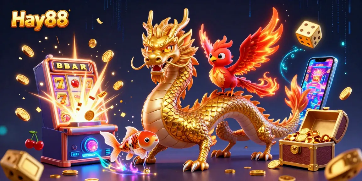 Experience winning excitement at Hay88 with a dragon, phoenix, and koi fish amidst casino symbols.