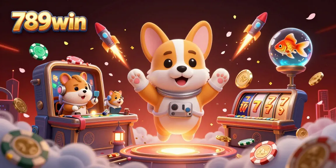 Experience thrilling gaming with 789win's dynamic space casino scene featuring a corgi astronaut, casino elements, and vibrant visuals.