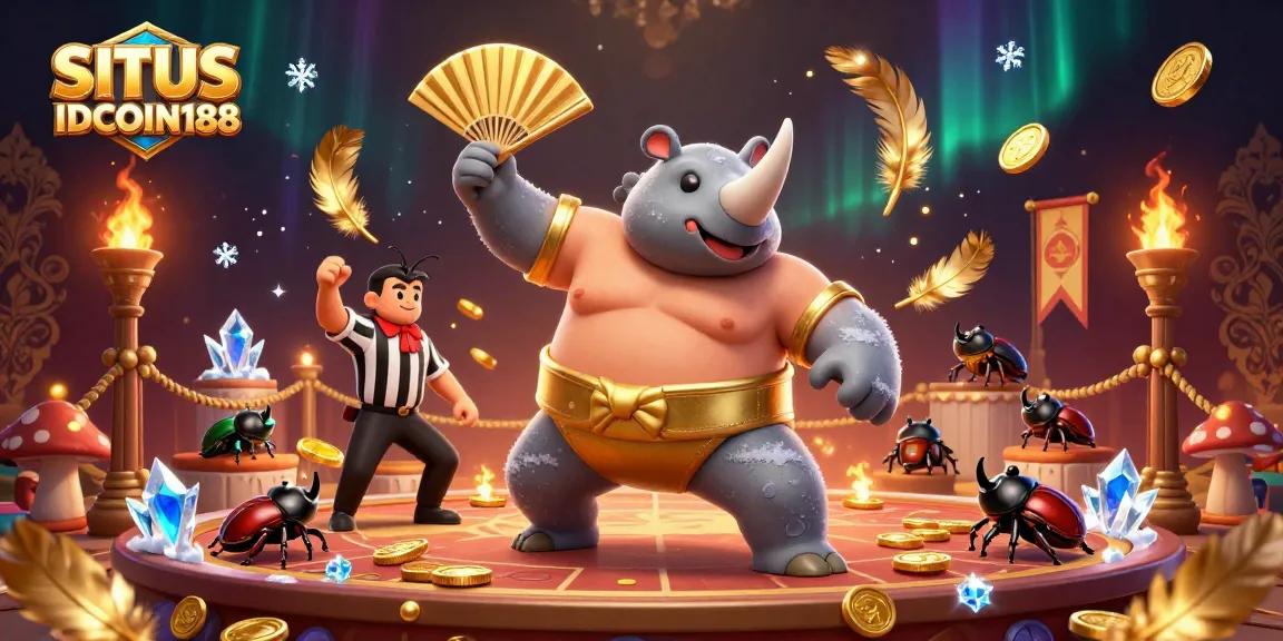 SITUS IDCOIN188 displays a dynamic 3D cartoon illustration of a beetle sumo champion amidst golden coins and vibrant casino elements.