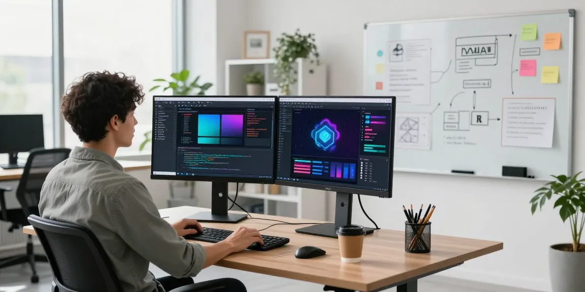 Build internal tools with AI in a modern office workspace, showcasing a developer, coding, collaborative environment.