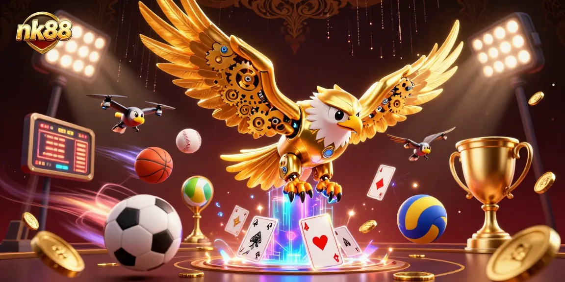 Experience thrilling betting at nk88 with dynamic sports elements and a cybernetic golden eagle in action.