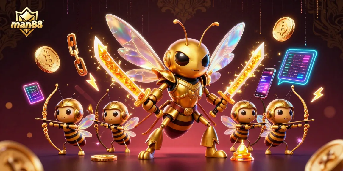 Engage with man88's exciting gaming experience featuring vibrant golden characters and animated cryptocurrencies.