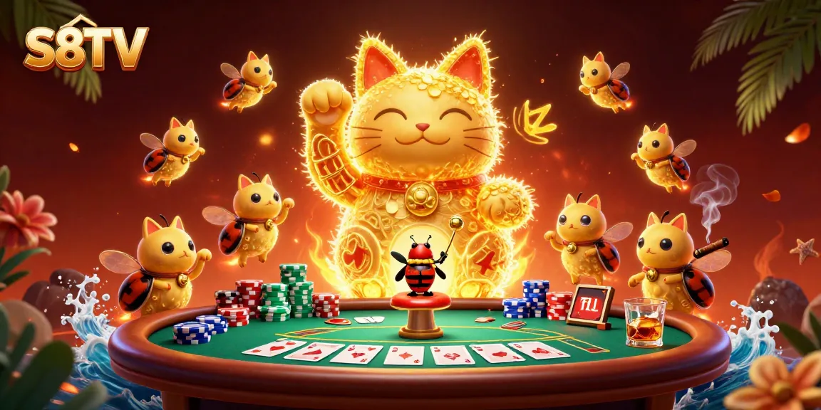 S8TV showcases a mesmerizing lucky cat surrounded by exciting poker elements and vibrant colors.