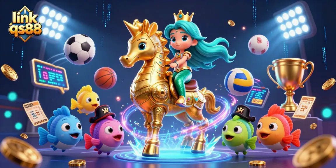 Play casino games with excitement at link qs88 featuring a mermaid on a seahorse amid vibrant sports elements.