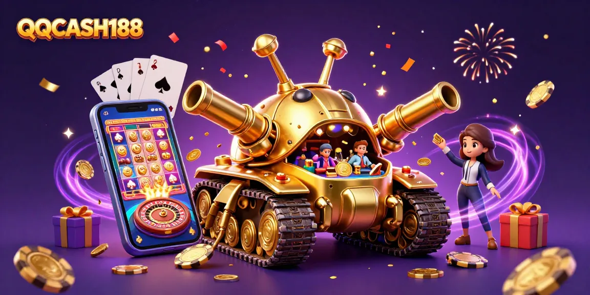 Experience the excitement of QQCASH188 with a festive casino atmosphere featuring a golden beetle tank and dynamic game elements.