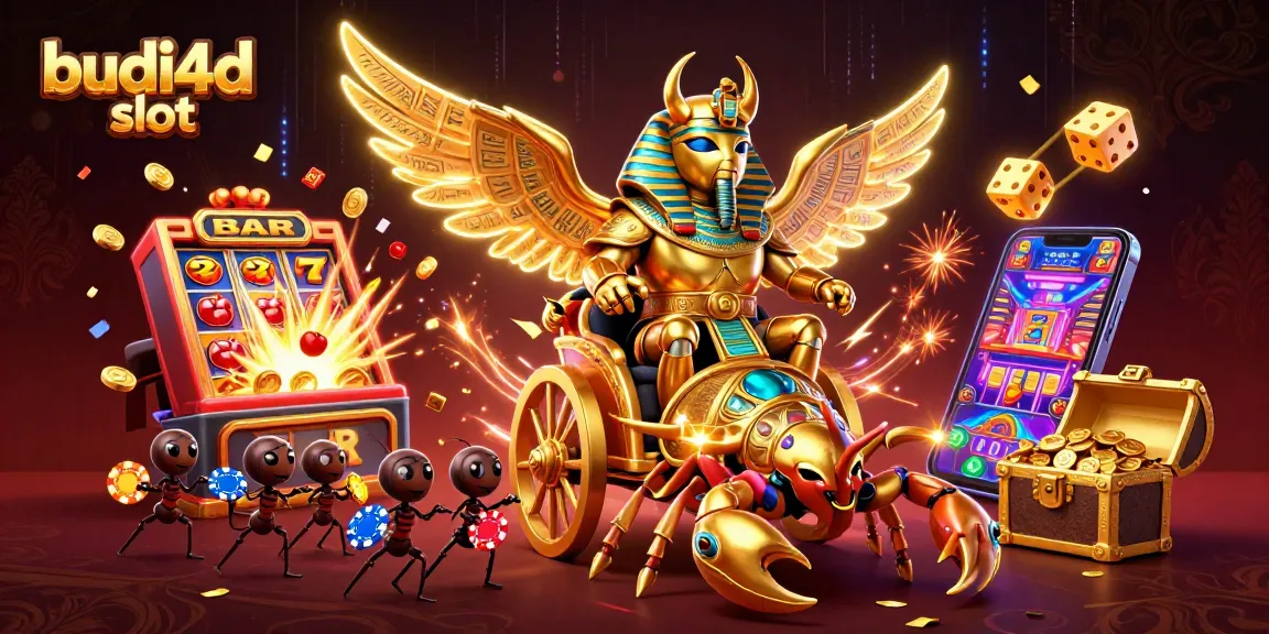 Experience the thrill of budi4d slot with a dazzling 3D digital casino illustration featuring golden beetles and jackpot symbols.