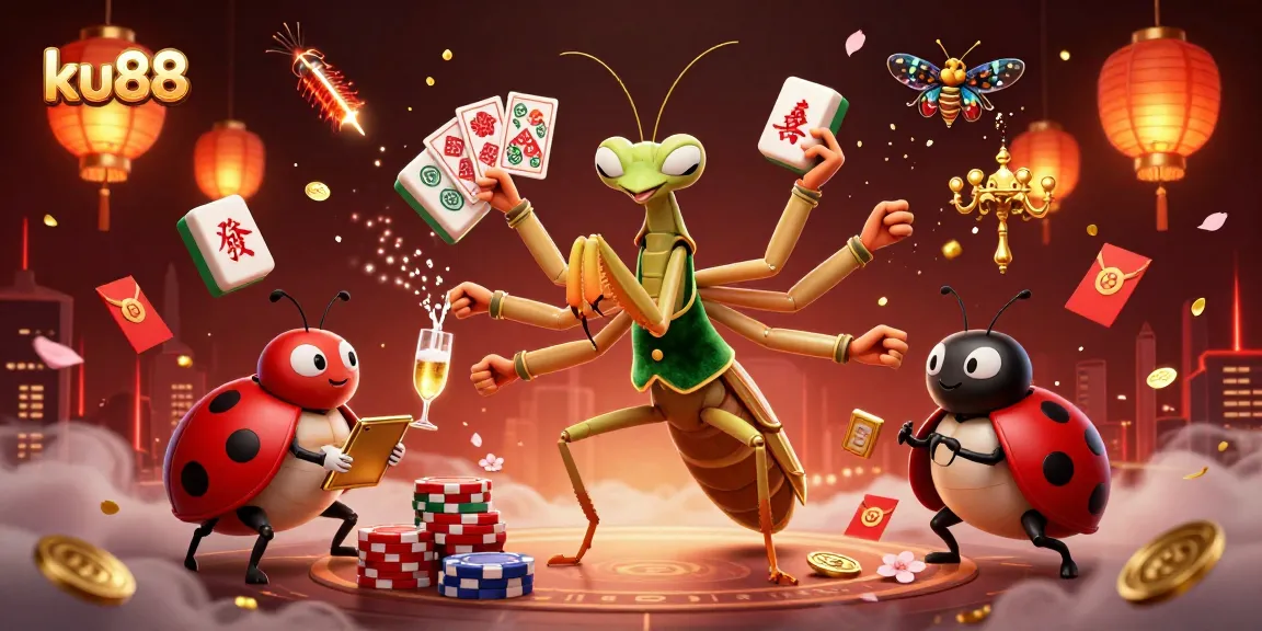 ku88 deals excitement with vibrant illustrations of a mantis card sharp and ladybug pit boss in a bustling casino scene