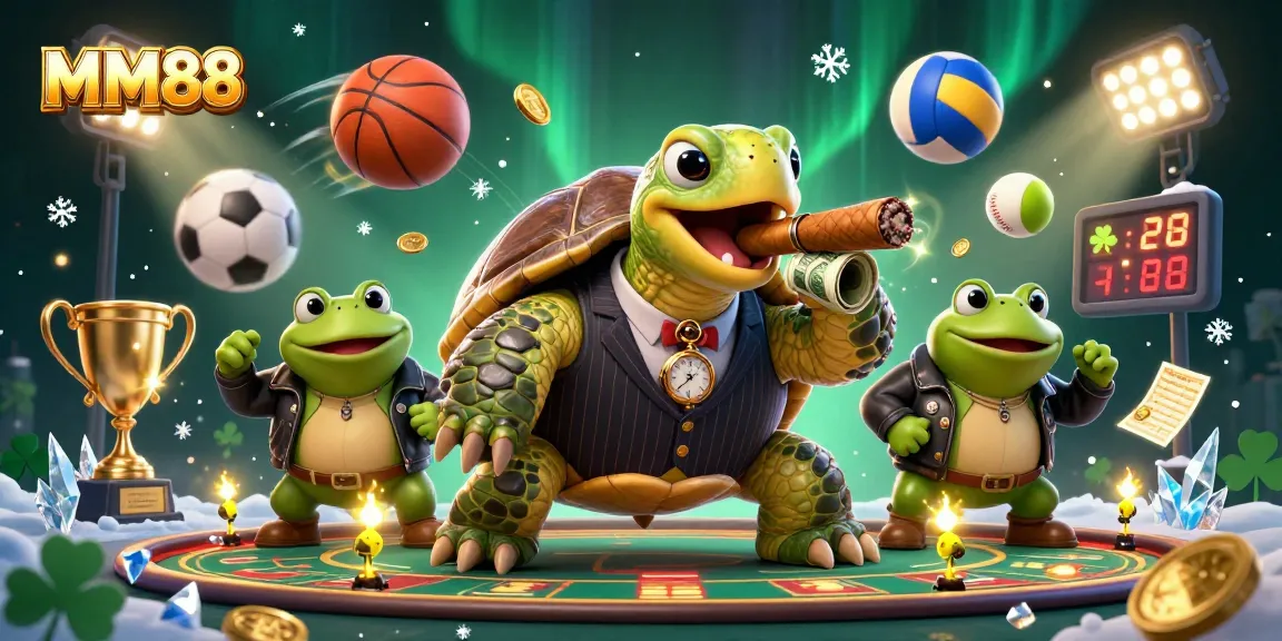 MM88 brings excitement to the casino scene with a vibrant illustration of quirky characters and dynamic sports elements.
