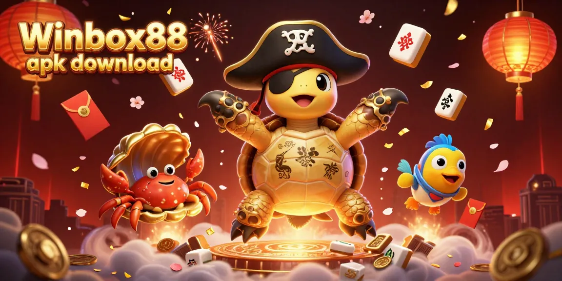 Winbox88 apk download illustration featuring a pirate turtle with gaming elements, promoting safer mobile play.