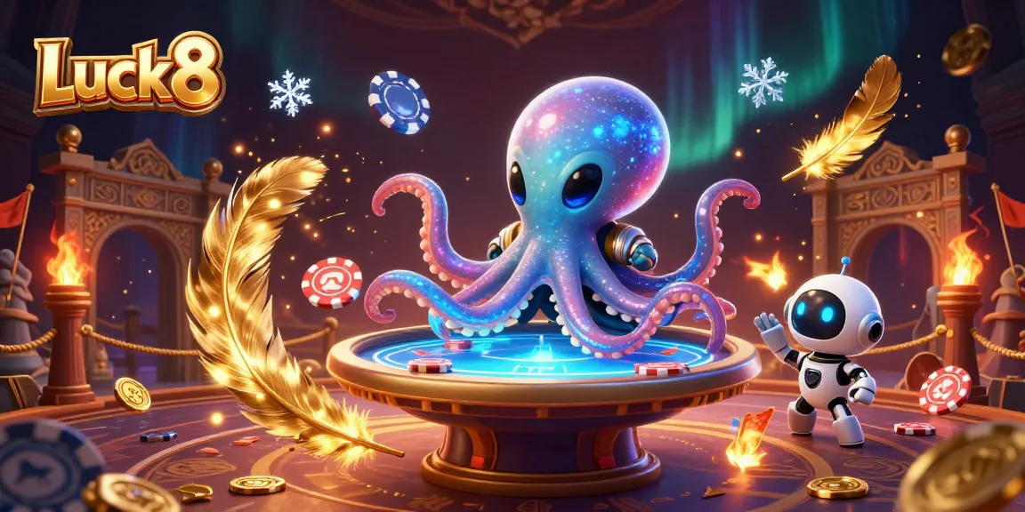 Play poker with Luck8: a vibrant alien octopus and robot at a holographic table.