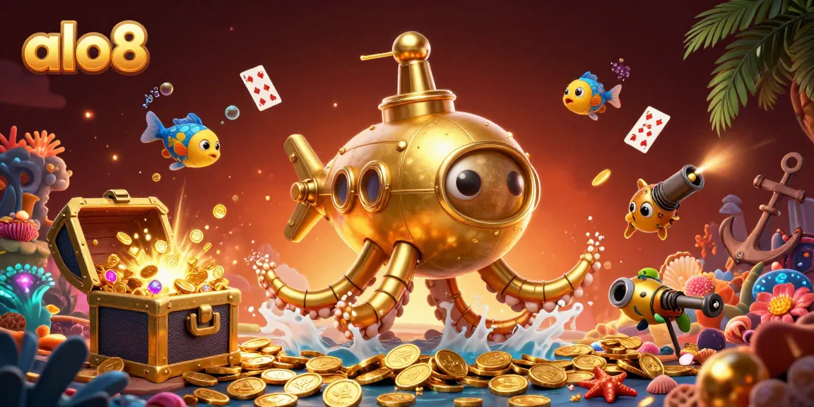 Experience playful gaming with ALO8's golden kraken submarine diving amidst fortune-filled treasures.