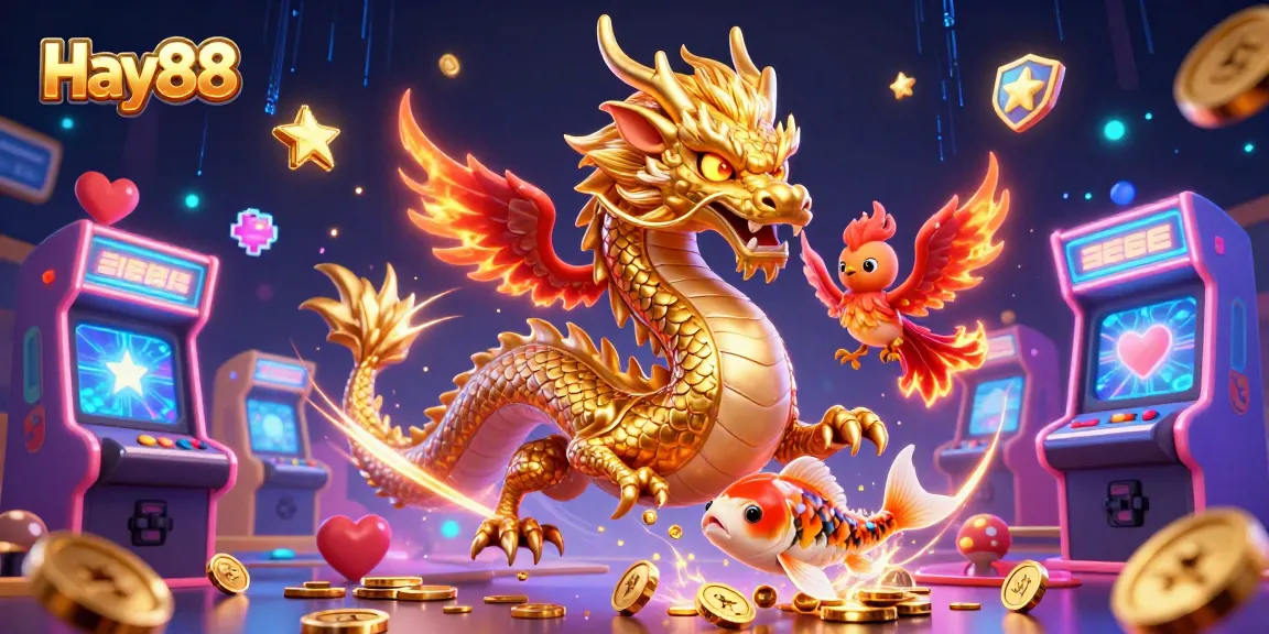 Hay88 showcases an epic gaming scene with a dragon, phoenix, and koi fish amidst vibrant casino elements.