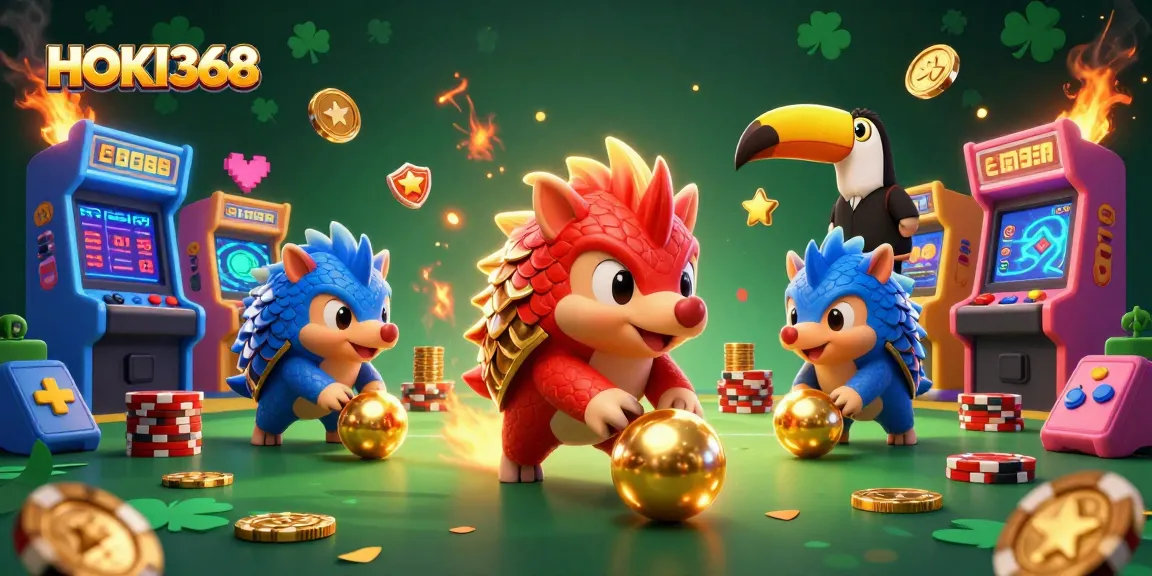 Experience thrilling wins with HOKI368 in this vibrant 3D illustration featuring rival pangolins and casino action.