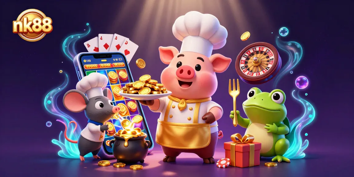 Experience thrilling entertainment at nk88 with a playful digital casino scene featuring charming characters.